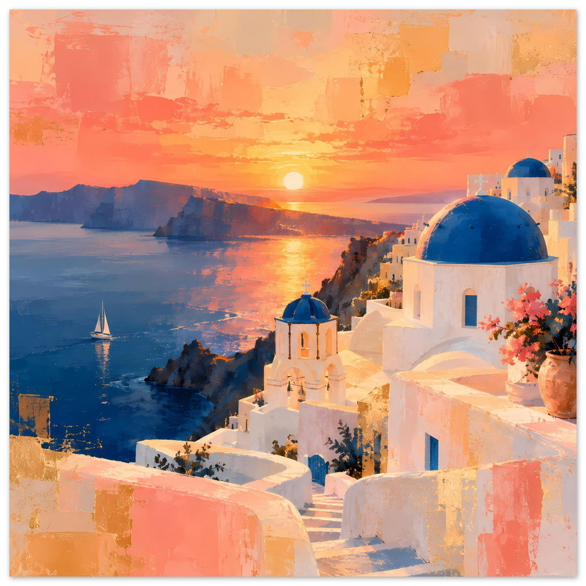 Poster mit Sonnenuntergang über Meer und weißen Treppenhäusern, blauen Kuppeln und Kirche