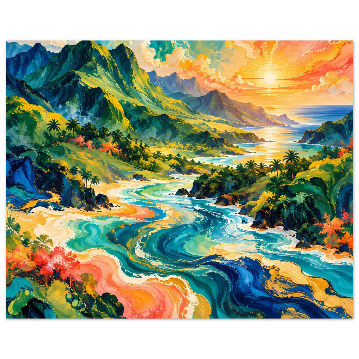 Tropisches Sonnenuntergangs-Poster, horizontal: kräftige Wellen, Palmen und goldene Abendsonne