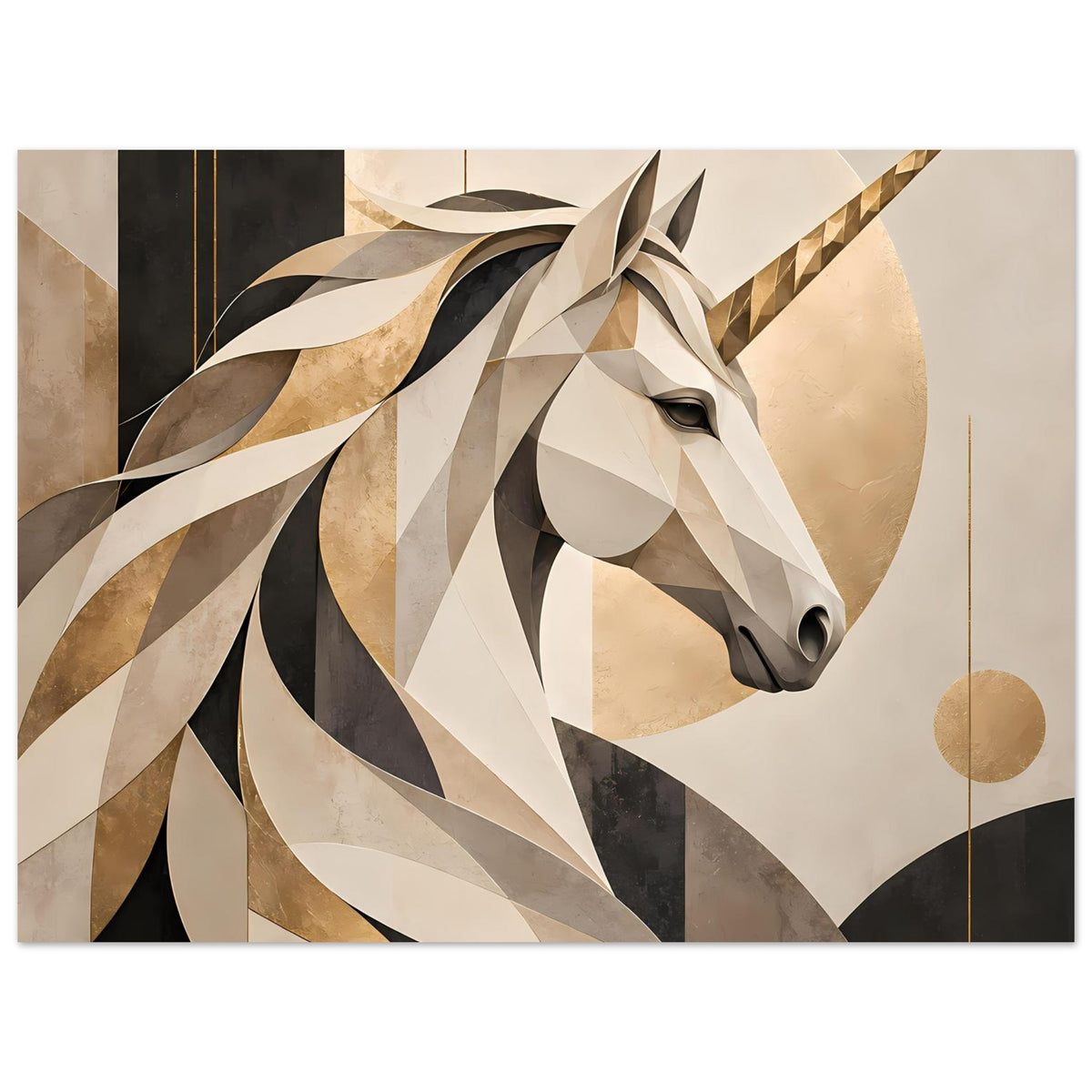 Poster mit Einhorn-Porträt, abstrakte Komposition mit Kreisen und Streifen