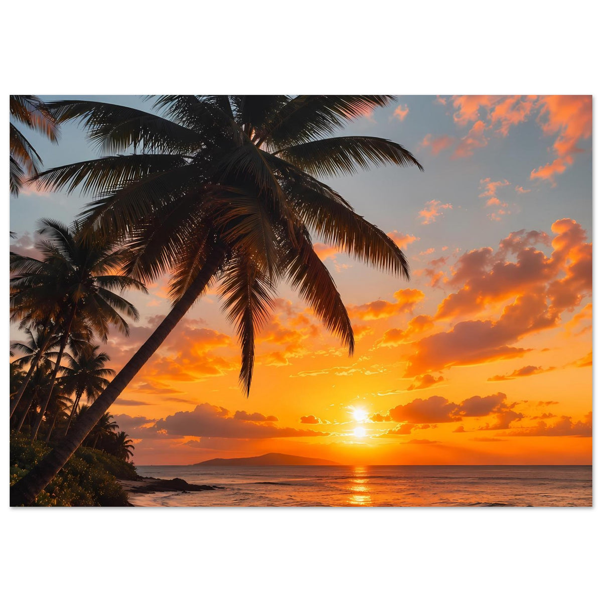 Querformatposter mit Palmen und Sonnenuntergang über ruhigem Meer