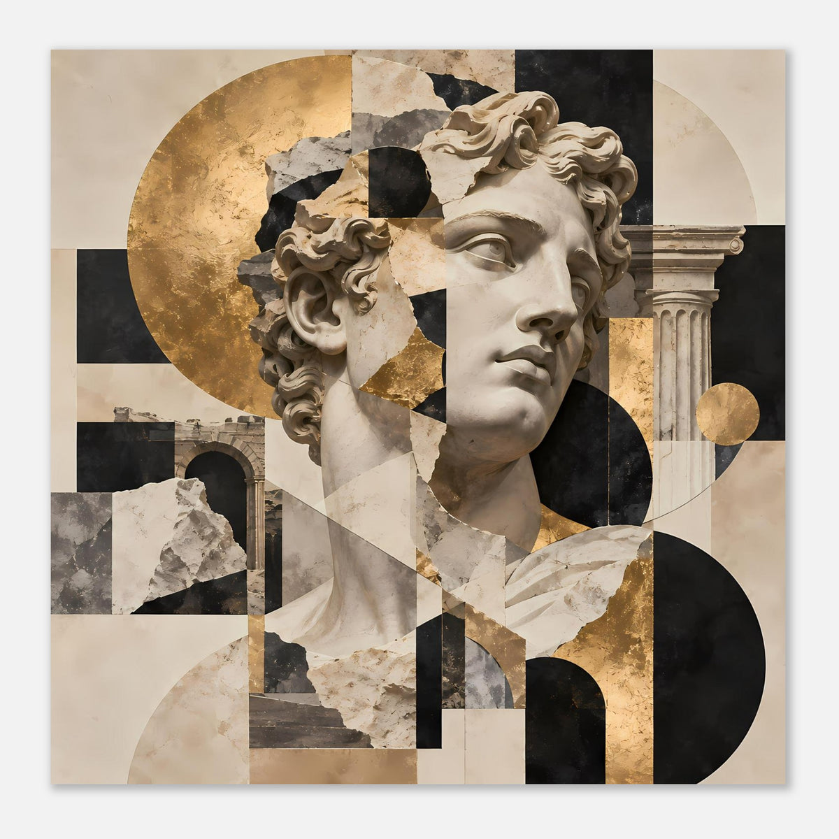 Breites Poster mit Büstengesicht, abstrakter Collage aus Schwarz, Beige und Gold