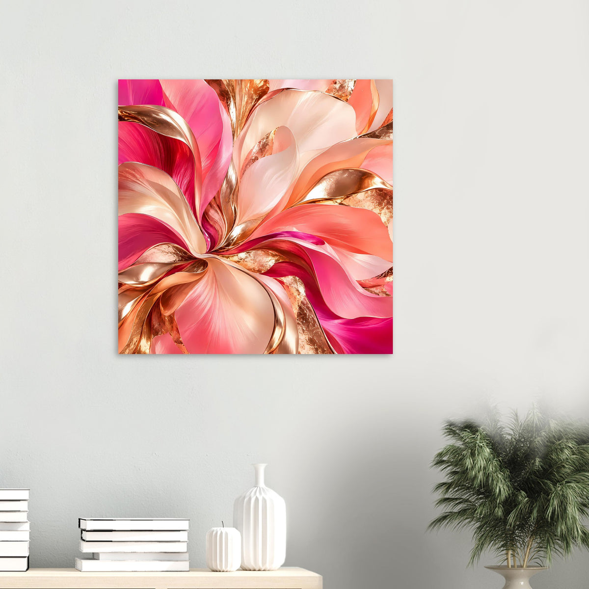 Gerahmtes Abstrakt-Blumenposter im Hochformat mit rosa/pinken Wirbeln und goldfarbenen Akzenten.