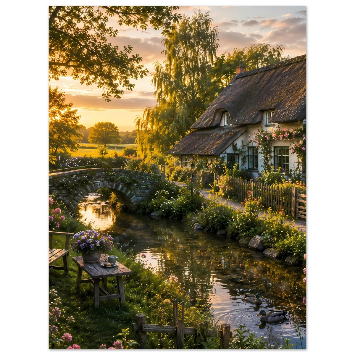 Landhaus-Poster mit Fluss, Steinbrücke, Blumenbeeten und Enten am Ufer