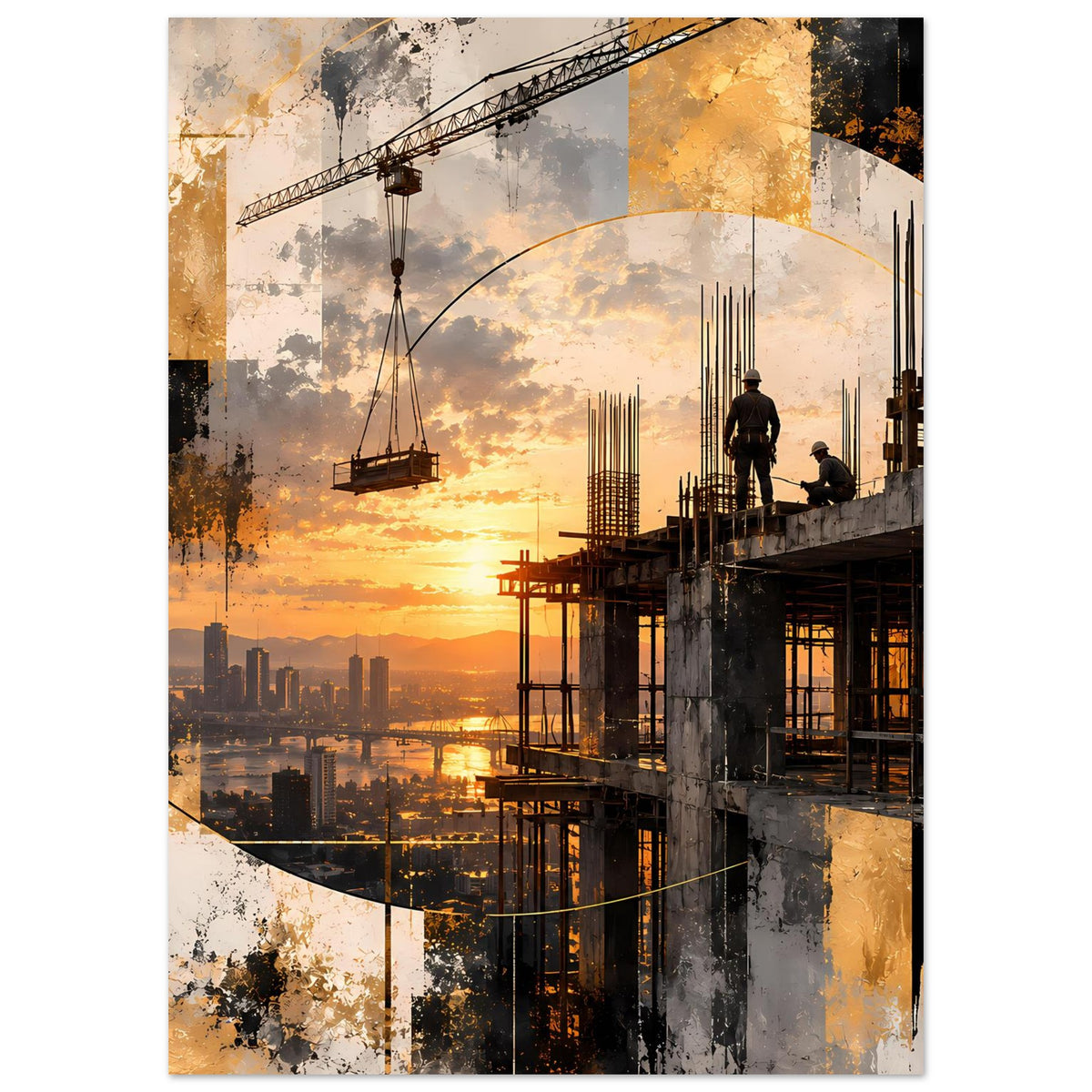 Abstraktes Sonnenuntergangs-Poster: Baustelle mit Betonwand, Stahlstangen und Kranhaken