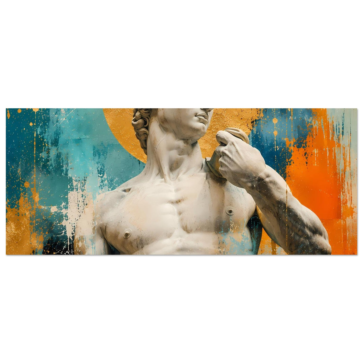 Poster mit Michelangelos David im goldenen Kreis, schmale horizontale Ansicht