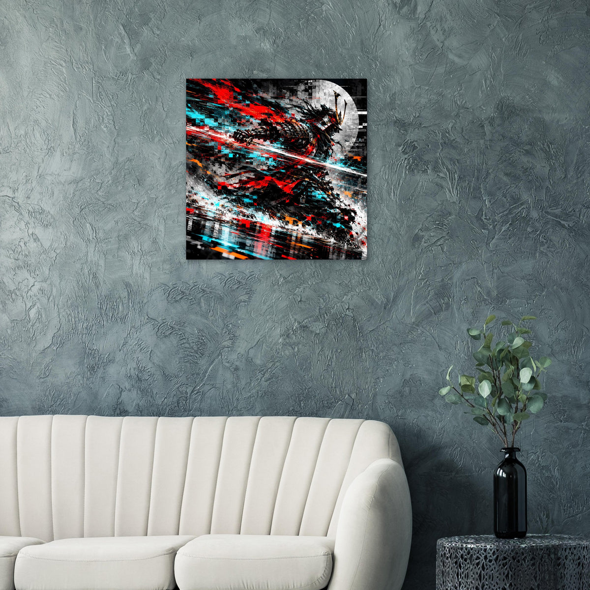 Quadratisches Samurai-Action-Poster mit roter Spritzgrafik und cyanfarbenen Streifen, schwarzer Rahmen