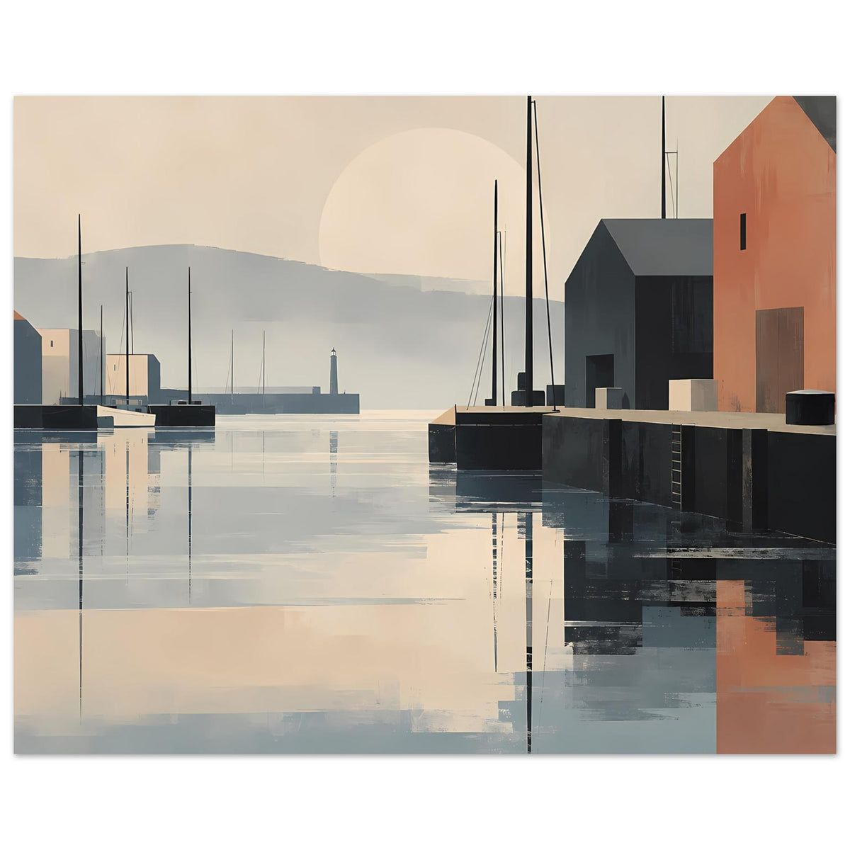 Minimalistisches Hafen-Sonnenuntergangs-Poster, abstrakte Hafenhäuser und ruhiges Wasser, Rand