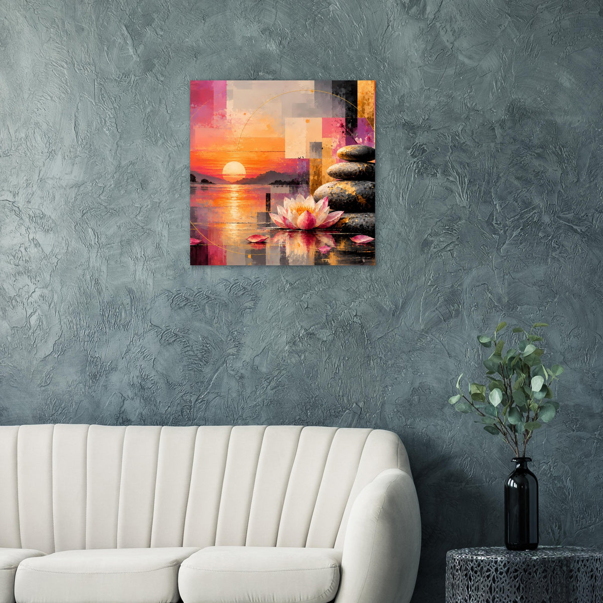 Quadratisches Poster mit Sonnenuntergang, Lotusblume und Steinen, orange-bunte Farbkomposition