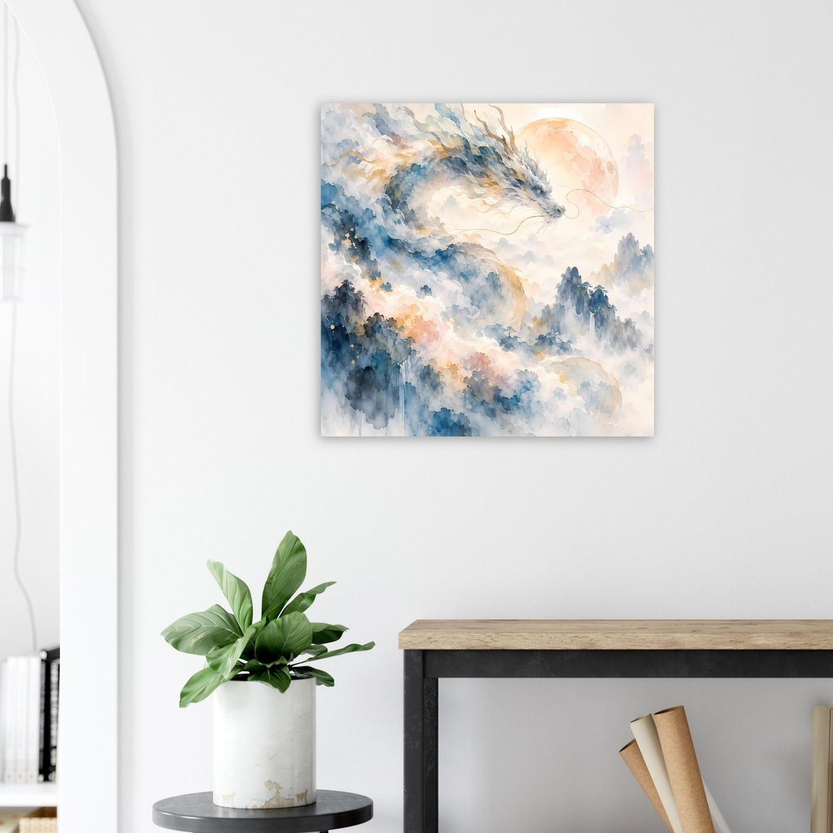 Aquarellposter mit Drachen über blauen Wolken und pfirsichfarbenem Himmel