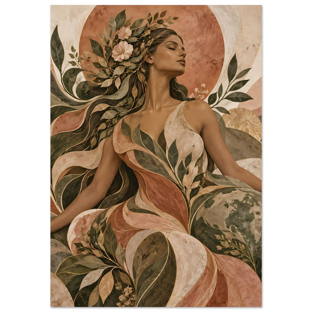 Kunst-Poster: weibliche Figur im Profil mit Blumenkranz und Blättern in Braungrün