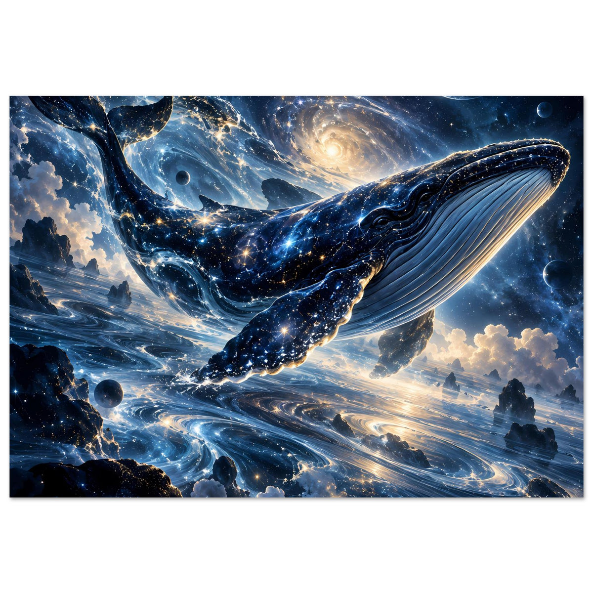 Kosmisches Fantasy-Poster im Querformat: galaktischer Wal, Sterne und leuchtender Wirbel
