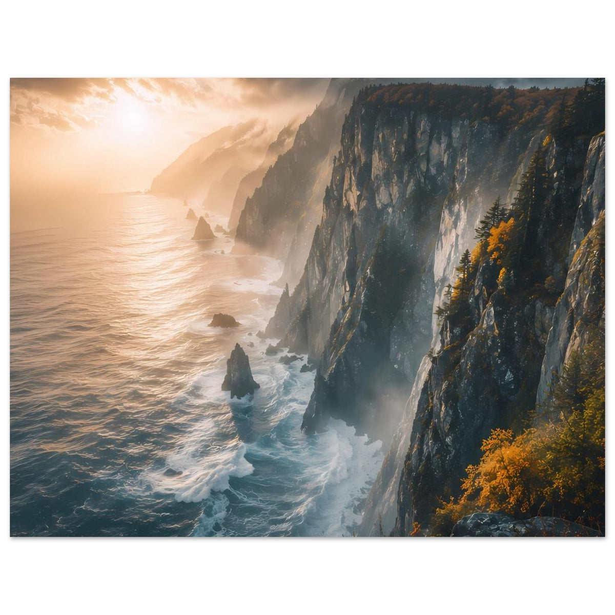 Poster im Querformat: steile Felsküste, moosig-grünes Kliff und Sonnenlicht über dem Meer