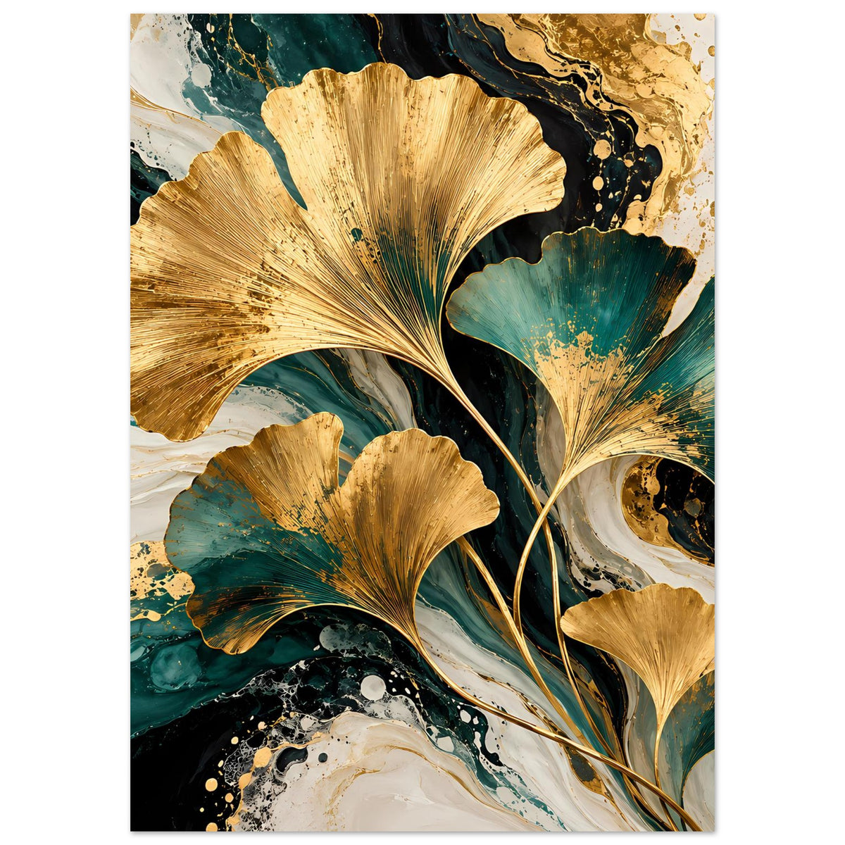 Vertikales Naturposter mit goldenen Ginkgo-Blättern, türkisgrüner Farbfläche und weißen Wirbeln