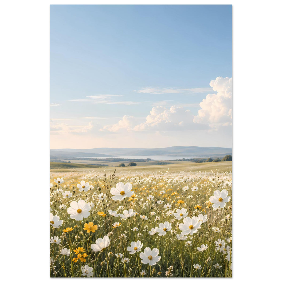 Vertikales Poster mit Wildblumenwiese, weißen Gänseblümchen und blauem Himmel im Rahmen