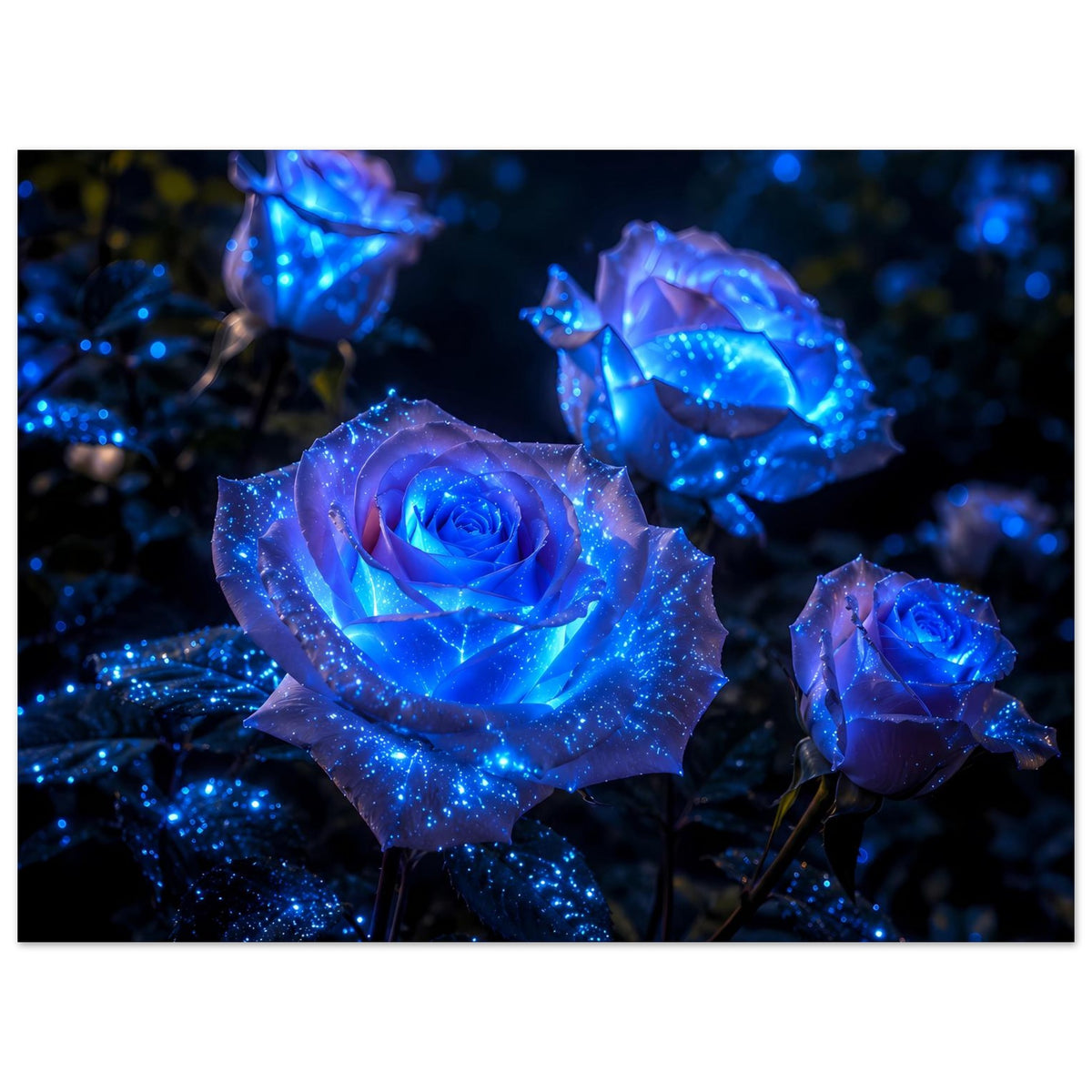 Querformatiges Rosenposter: leuchtende blaue Rosen mit funkelndem Sternenlicht