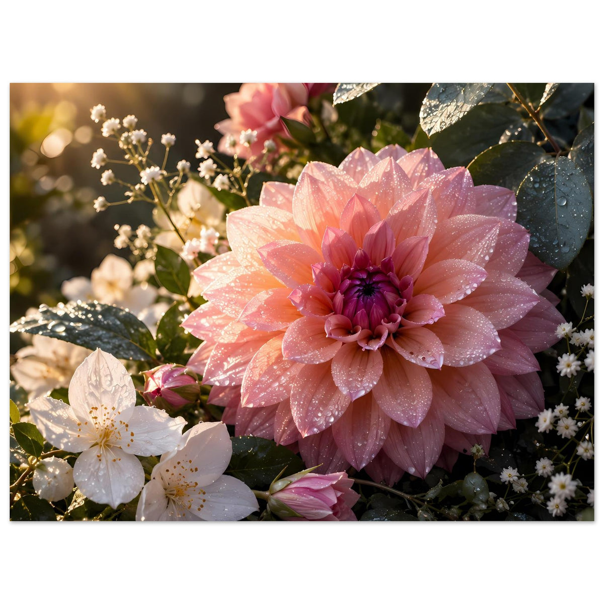 Blumenposter (Querformat) mit rosa Dahlie im Zentrum und weißen Blüten im Vordergrund