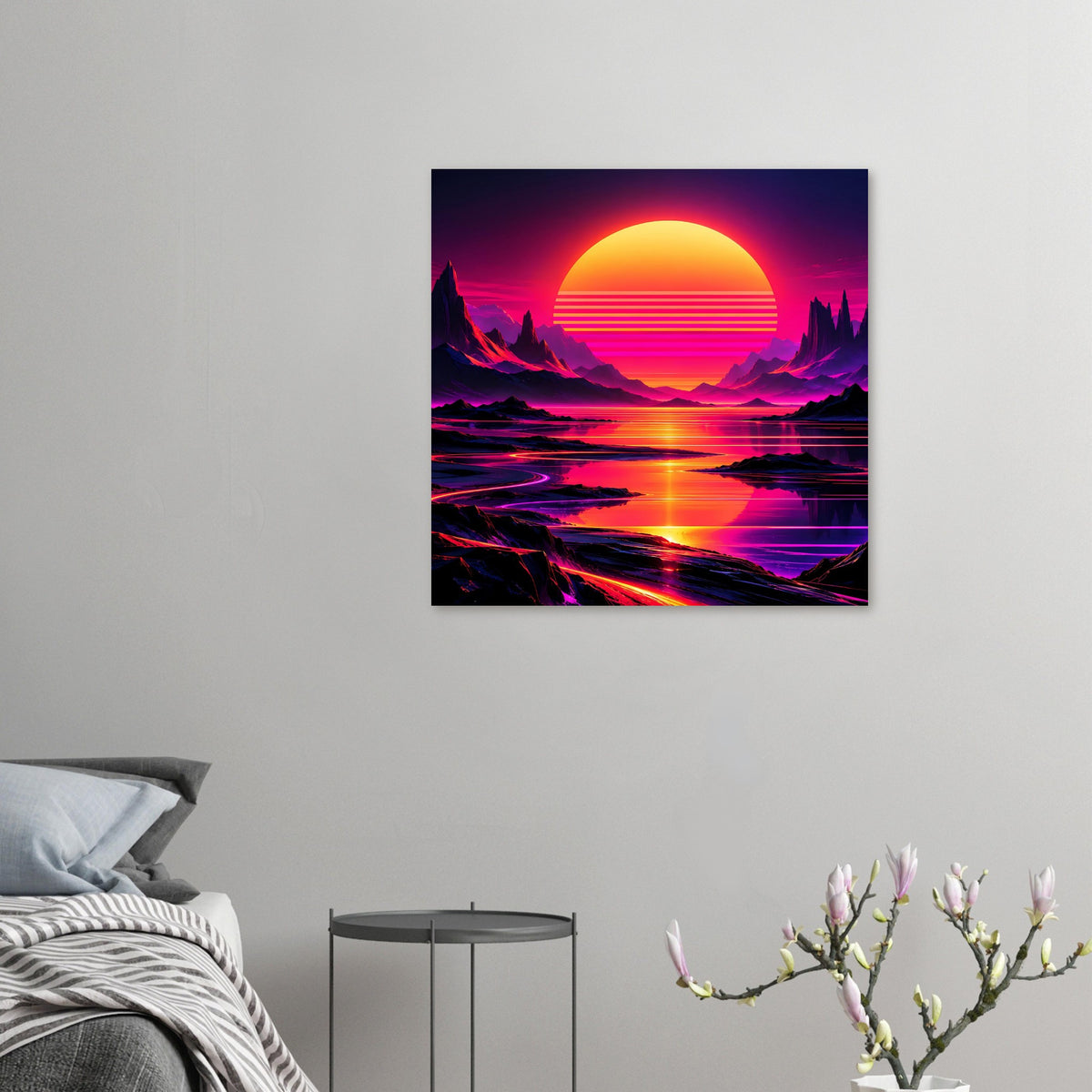 Neon-Poster klein im Raum: retro Sonnenuntergang über Bergen und Wasser mit orangefarbener Sonne