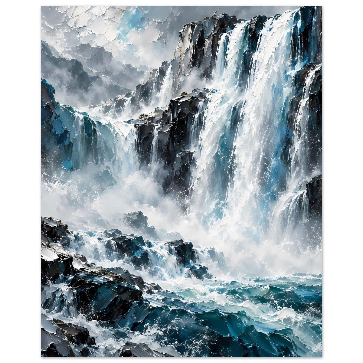Wasserfall-Ozeanposter im Hochformat: Wasserfall und Felsen, weißer Gischtkranz