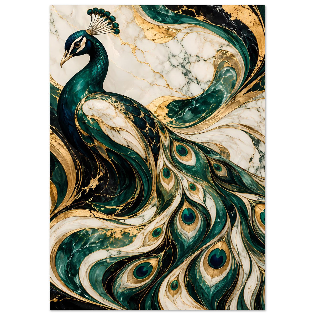 Hochformat-Poster mit Pfau im Profil, smaragdgrüne Federn und goldene Wirbel