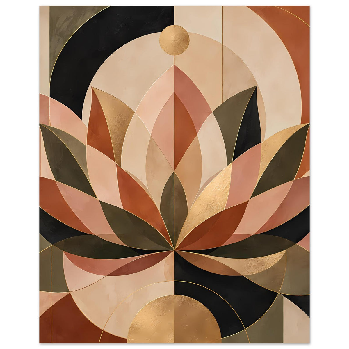 Poster mit geometrischer Lotusblüte in warmen Erdtönen, mit goldfarbener Aufhängung