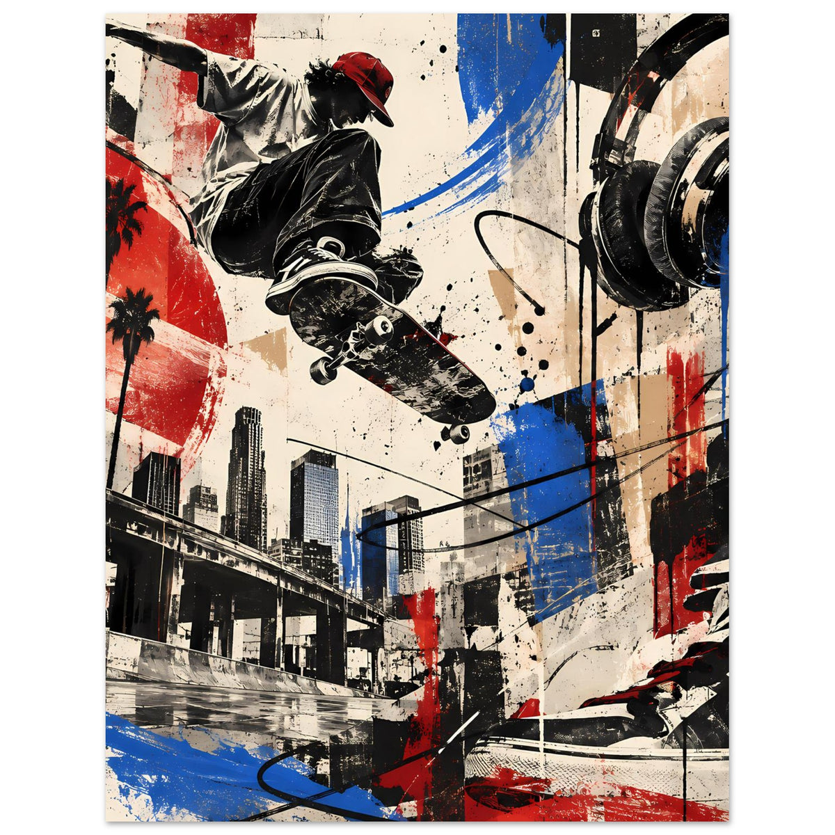 Poster mit Skateboarder in Schwarz, roten und blauen Farbflächen, urbaner Kulisse