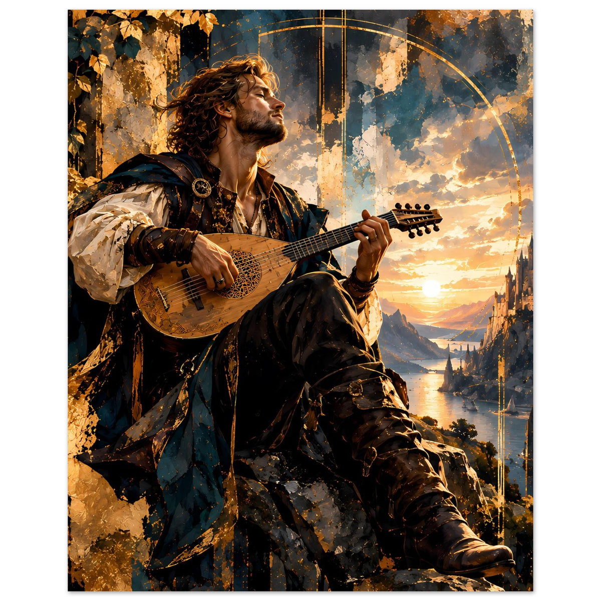 Poster mit Fantasy-Barde, der eine Gitarre spielt, goldener Sonnenuntergang und Burg
