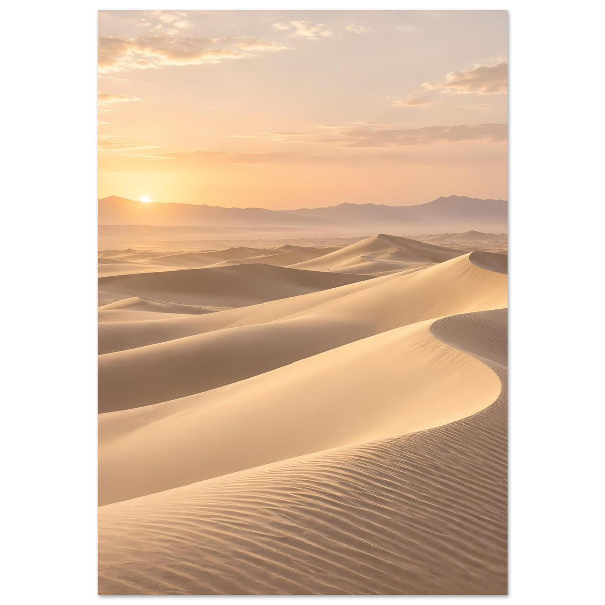 Poster im Hochformat mit sanften Wüstendünen und goldener Morgenstimmung