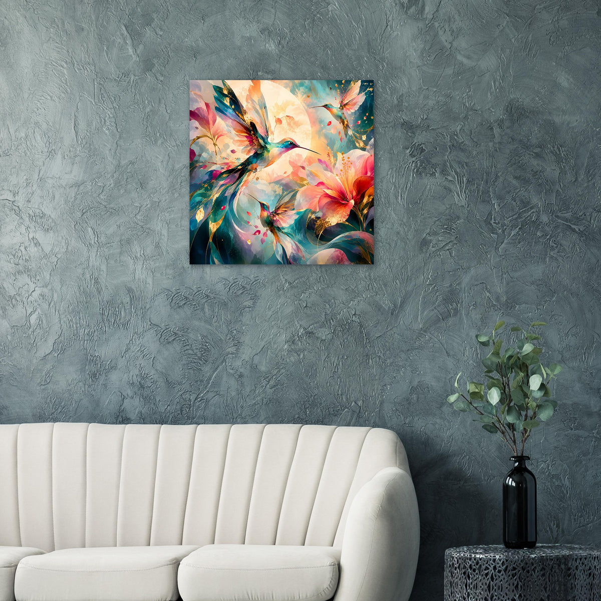 Quadratisches Kunstposter mit Kolibri und Blüten, buntes Aquarellbild