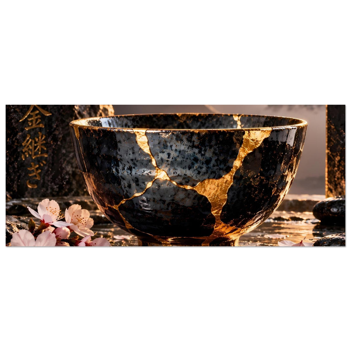 Kintsugi-Elegance-Poster: breite Ansicht der schwarzen Schale mit goldenen Rissen und Kirschblüten
