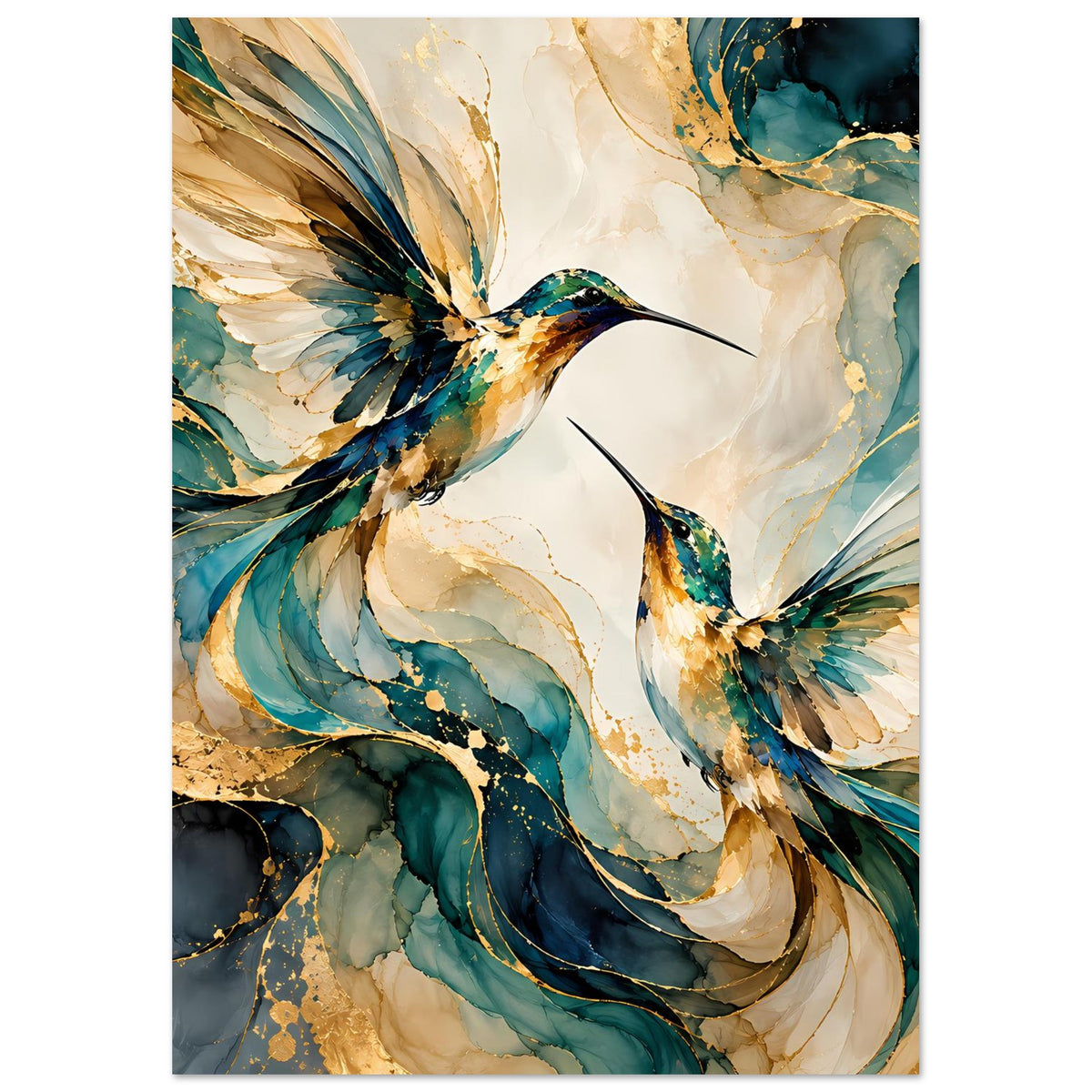 Vogelposter mit Kolibri-Motiv, großflächige Federn in Blau, Gold und Beige