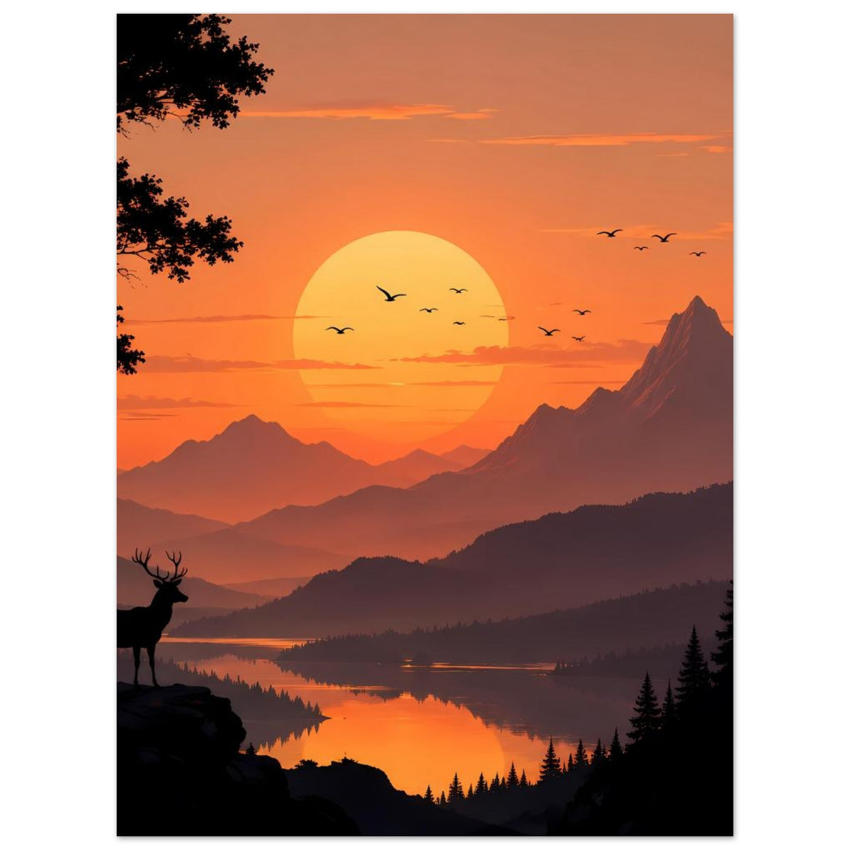 Poster mit Sonnenuntergang über Bergen, Hirschsilhouette links und See mit spiegelnder Abendsonne
