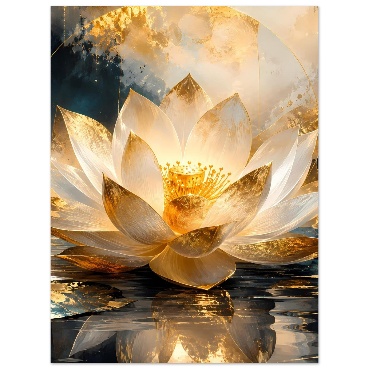 Kunstposter mit goldener und weißer Lotusblüte über spiegelndem Wasser, goldene Akzente