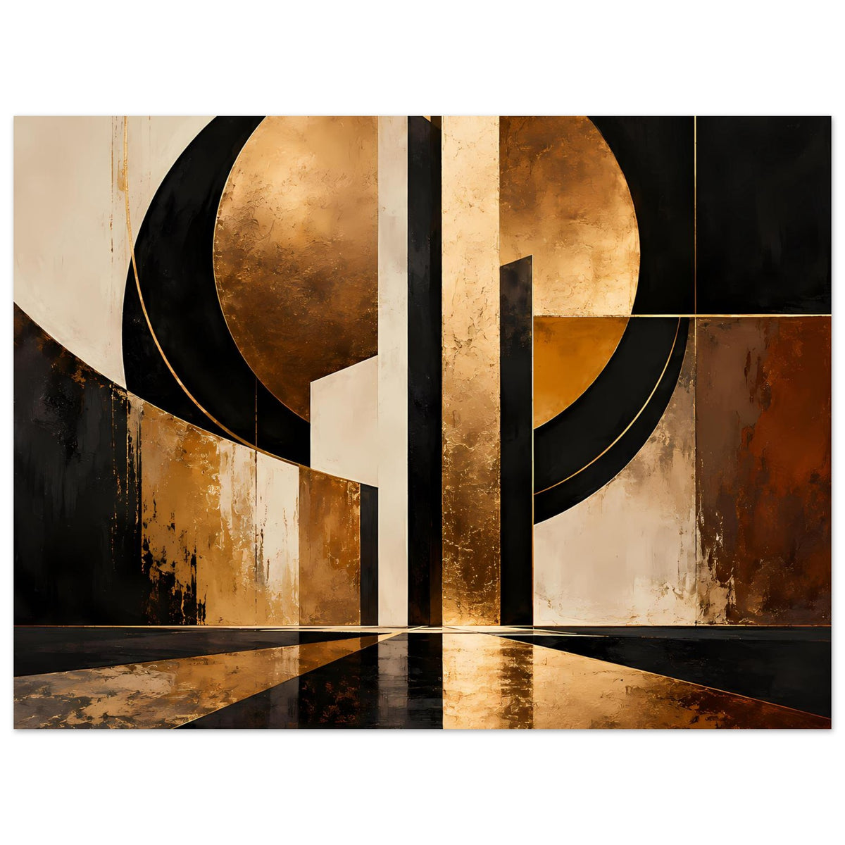 Abstraktes Gold-Schwarz Art Poster mit großem Ringmotiv, weißen Zwischenflächen und schwarzen Balken