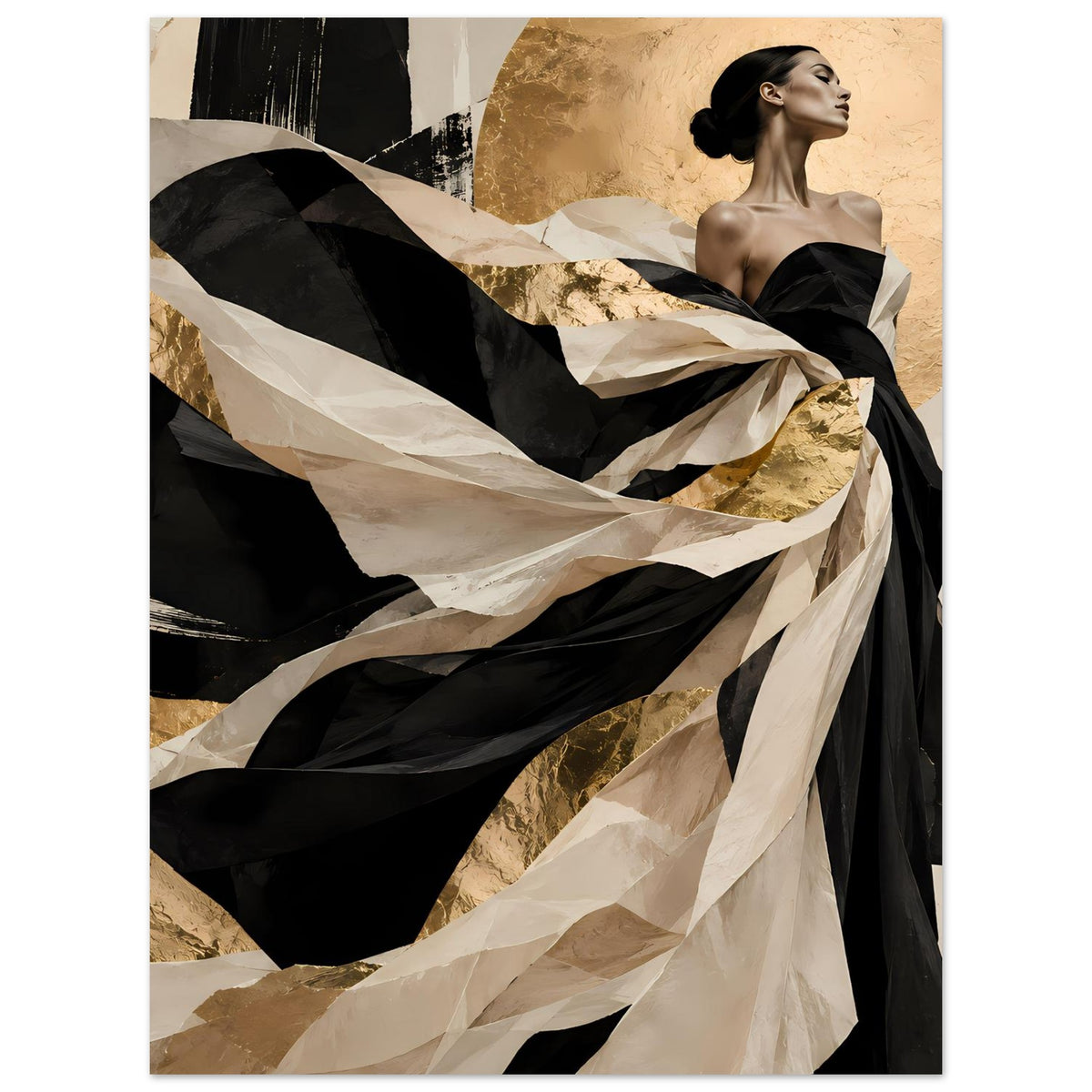 Kunstposter im Hochformat mit Frauensilhouette im schwarzen Kleid, Gold- und Beige-Formen