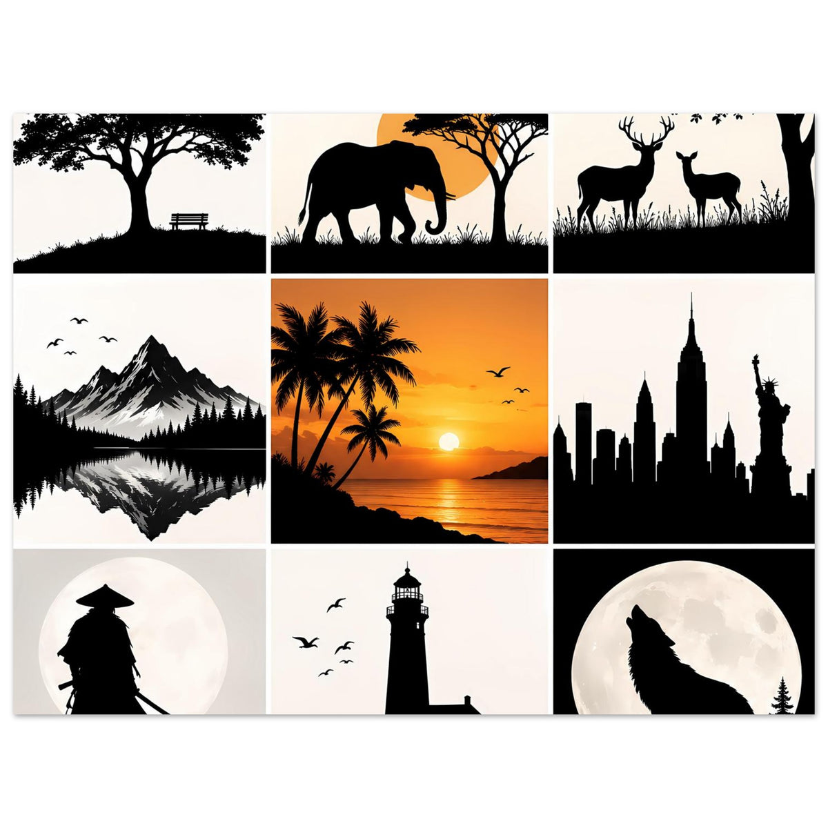 Kunstposter mit Silhouetten-Collage: Elefant und Rehe, Gebirge, Palmenmeer, Leuchtturm, Skyline, Jäger