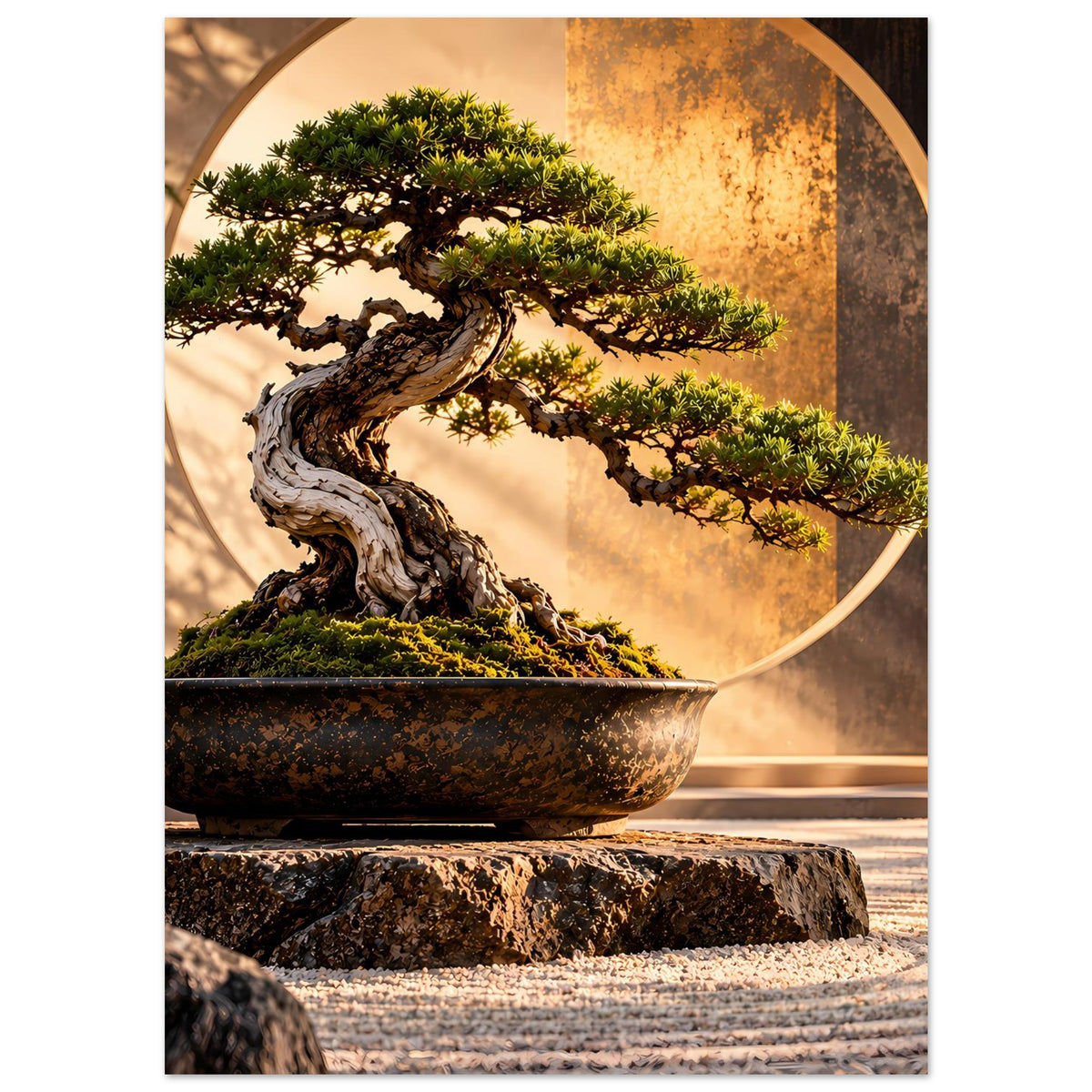 Poster zeigt Bonsai in Schale, gekrümmter Stamm und goldener Kreis im Motiv