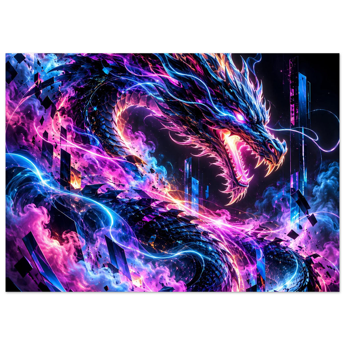 Poster im Querformat mit Cyber-Drache, violetten und blauen Neonwirbeln sowie Funkenflug