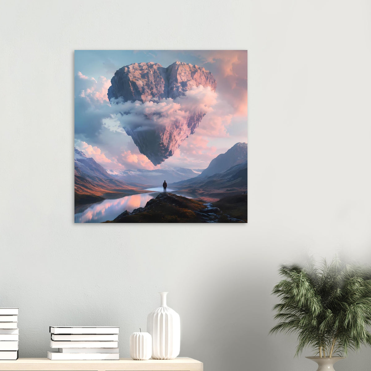 Quadratisches Poster mit schwebendem Felsherz über Bergsee und Person auf Hügelkuppe