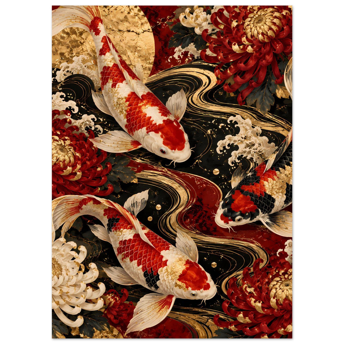 Poster im Koi-Stil: große Karpfen mit roten Punkten und Golddetails, flankiert von Blüten