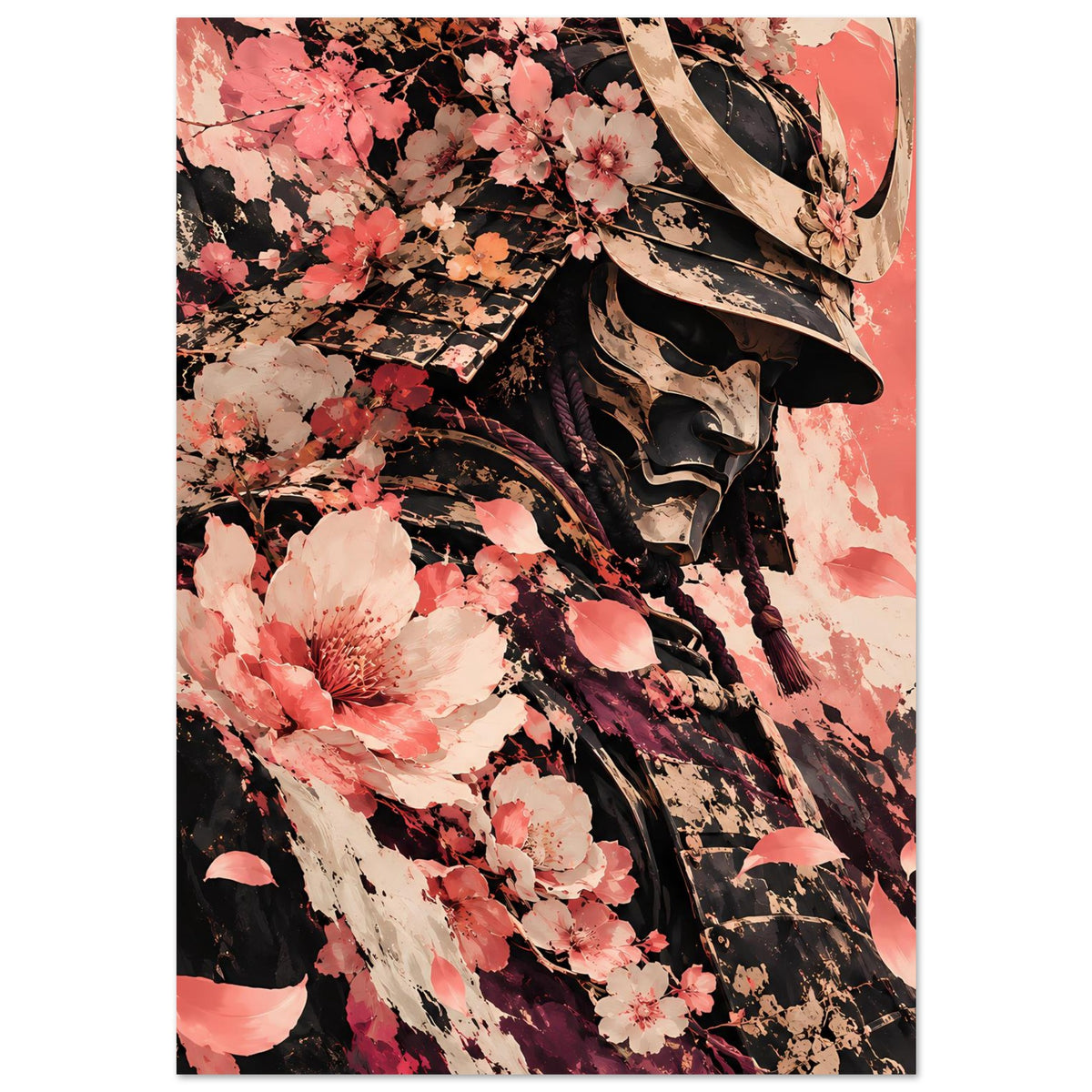 Poster mit Samuraisilhouette, dekorierten Details der Rüstung und Kirschblüten