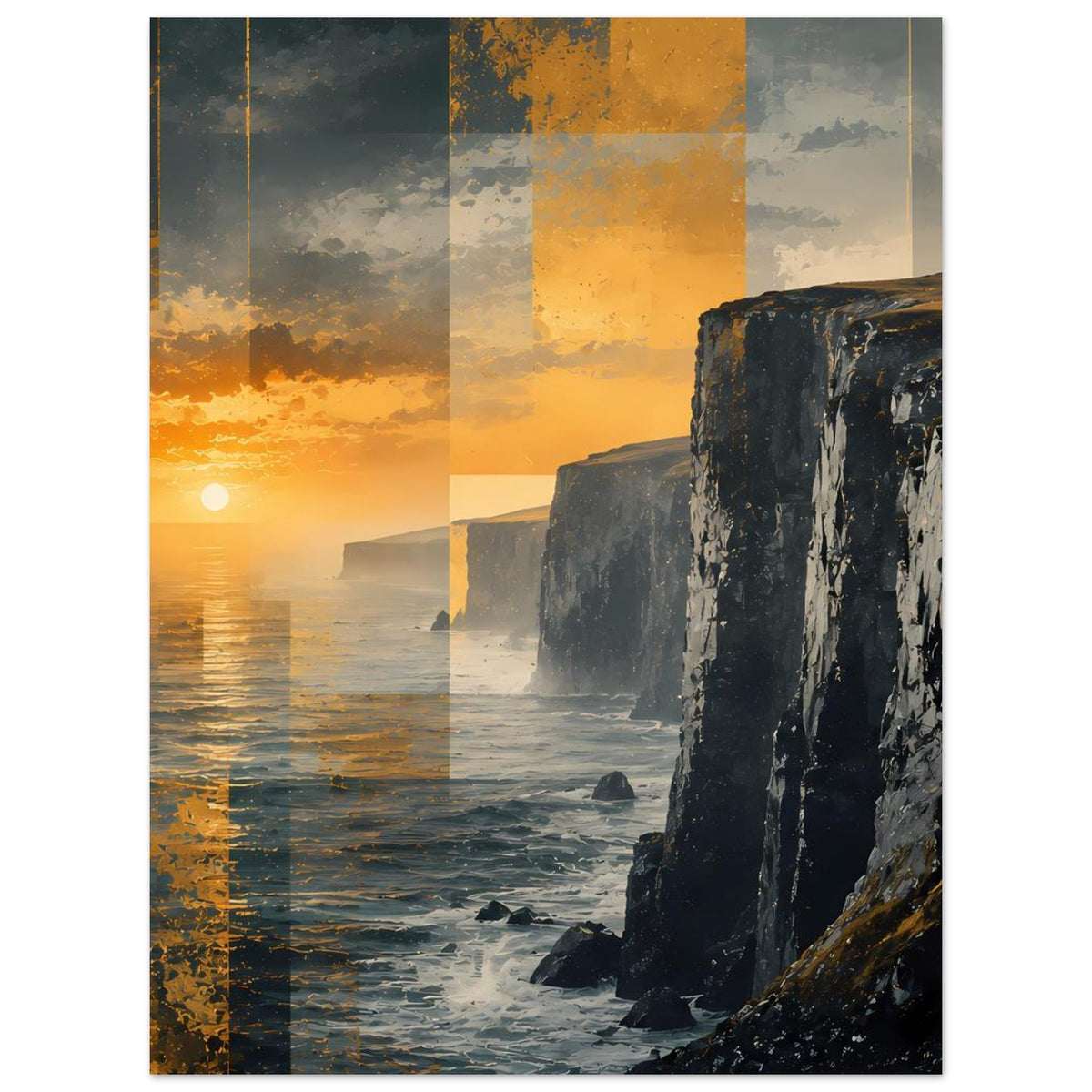 Vertikales Poster mit Sonnenuntergang über dem Meer, Felsklippen und orangefarbenem Himmel