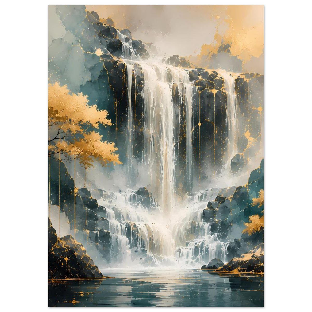 Wasserfall-Kunstdruck in Gold-Blau, vertikal, Posterprint mit Blick auf das Tal