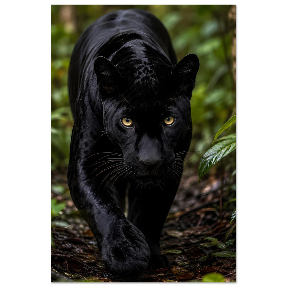 Poster mit schwarzem Panther auf dem Weg durch grüne Pflanzen und braunen Boden