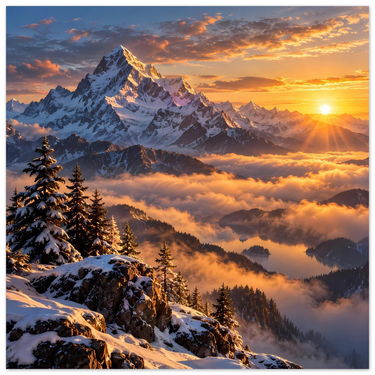 Poster mit Bergmassiv im Sonnenlicht, Tannen und Schneeflächen im Vordergrund, Wolkenmeer