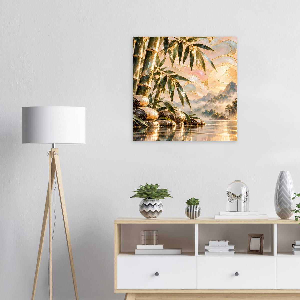 Harmonisches Poster mit Bambusblättern, Wasserlinie und Zen-Steinen im goldenen Farbton