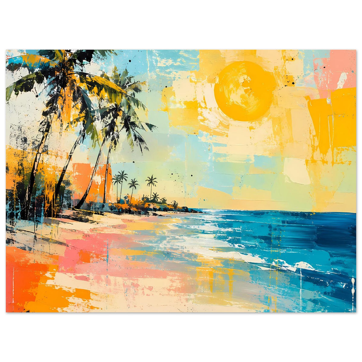Strandposter mit Palme, Meer und Sonne; kräftige Türkis- und Orangetöne