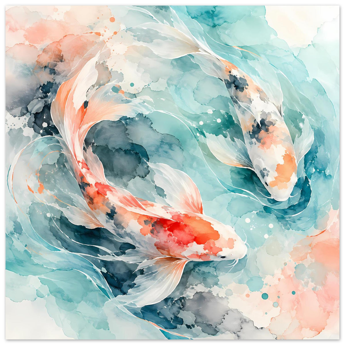 Querformatiges Poster mit Koi-Fischen im Aquarell, türkis, orange und graue Wasserfarbe
