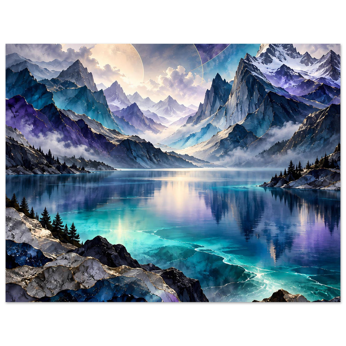 Bergsee-Poster mit türkis leuchtender Wasserlinie vorn, spiegelndem See und violetten Gipfeln