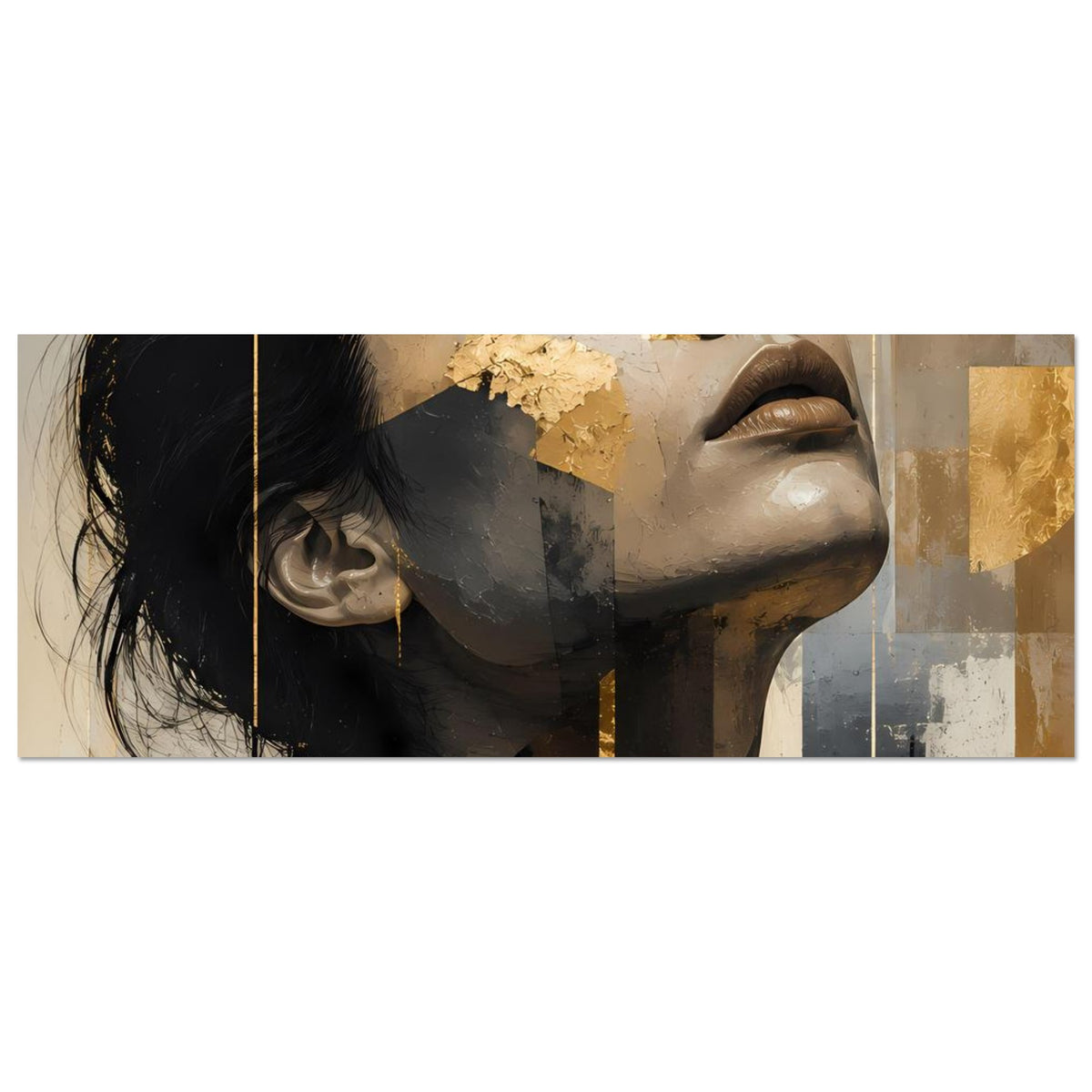 Abstraktes Frauenporträt-Poster, Nahansicht des Gesichts mit goldenen Akzenten im Querformat