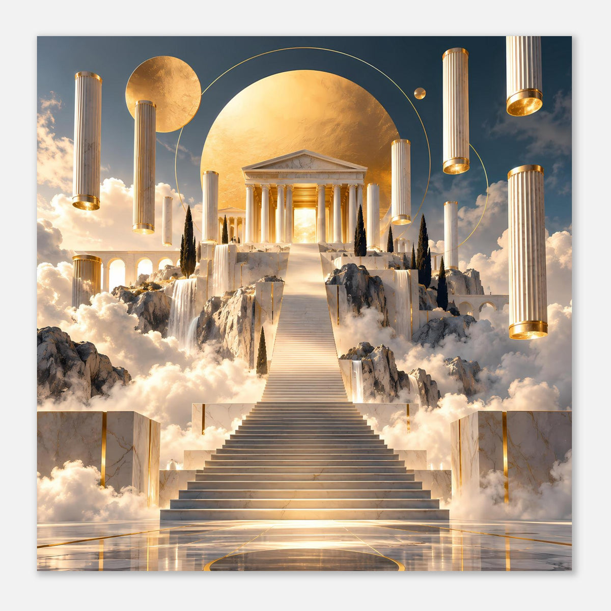 Kunstposter mit zentralem Treppenlauf, goldenen Säulen und Wolken im Hintergrund